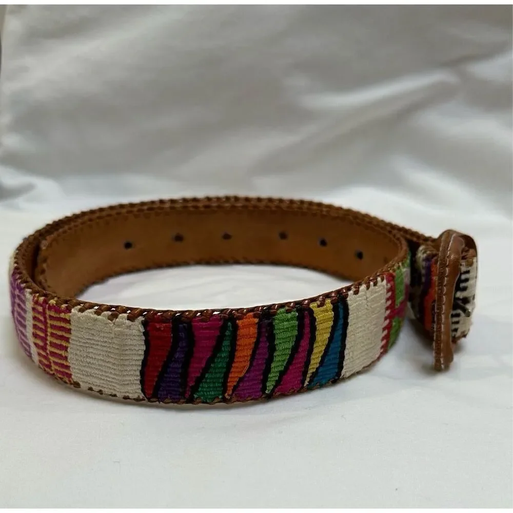 Mayan design inspired leather belt made in Guatemala size Small. #M-1289